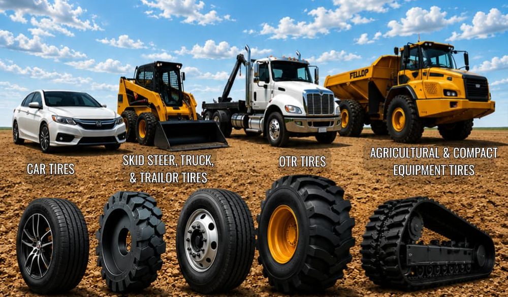 Car, skid steer, truck and OTR dump truck with their tires and a rubber track